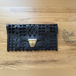 Black Clutch Bag With Gold Removable Chain